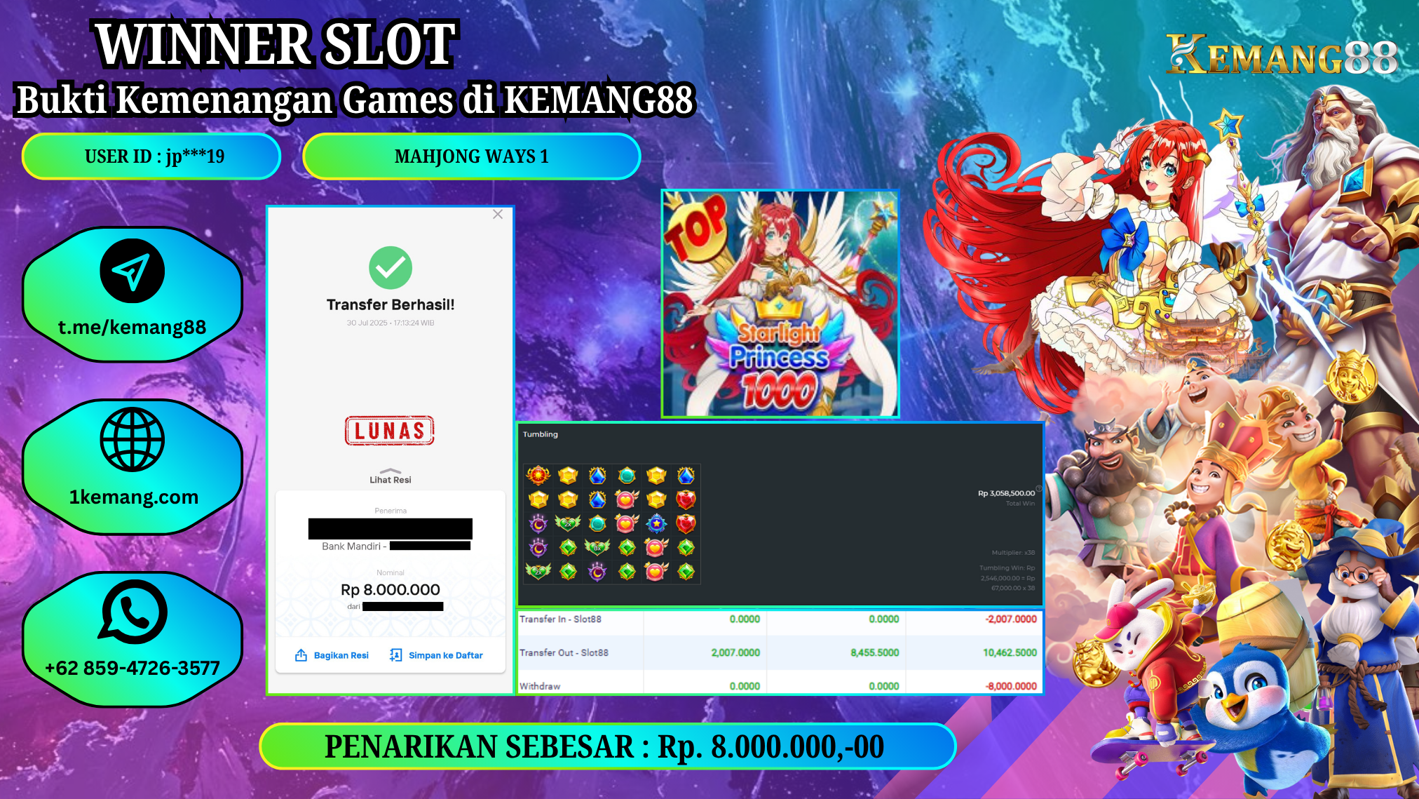 KEMANG88 [30 JULY 2025] : JACKPOT SLOT : STARLIGHT PRINCESS 1000 [PP]  Rp.8.000.000.,- LUNAS